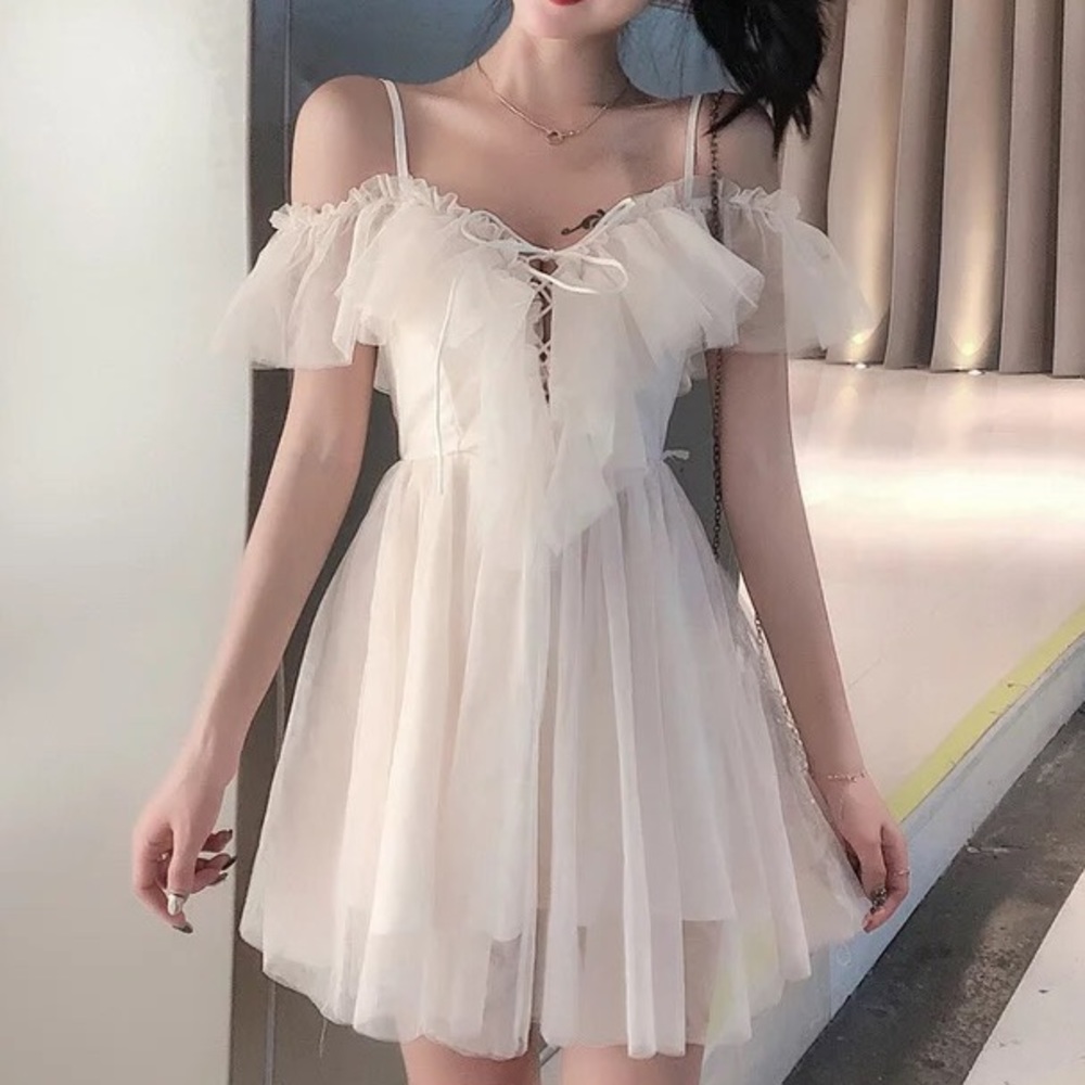 Lace dress Ruffle off shoulder cream lace fairy mesh flare womens dresses - Picture 1 of 16